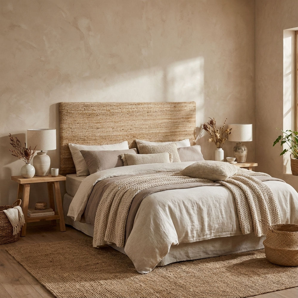 Styled bedroom interior featuring the Jute Headboard as a calm, organic focal point.