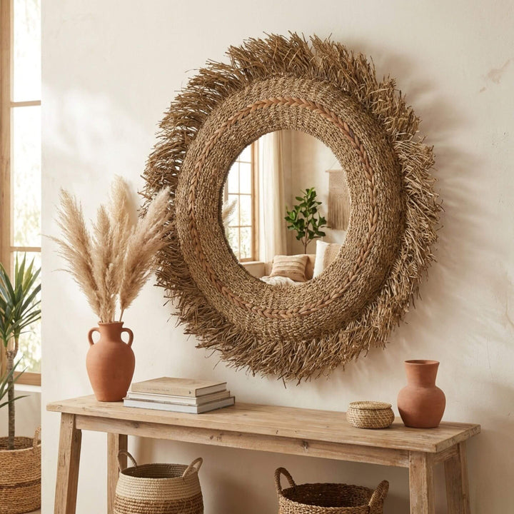 Styled interior scene featuring the Jute Lion mirror above a wooden console table.