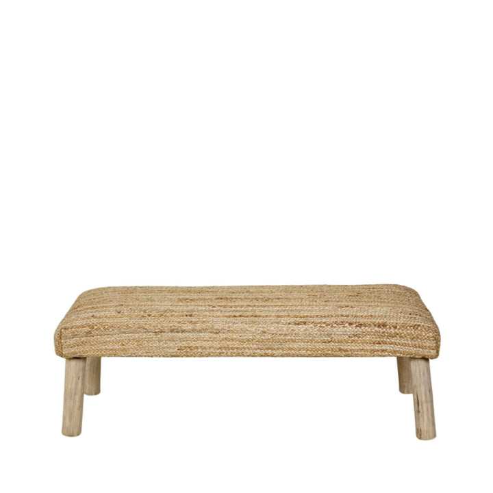 Front view of the Jute Bench with a natural woven jute seat and light wooden legs