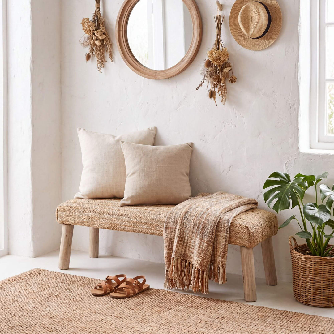 Jute Bench styled with cushions and a throw in a warm Mediterranean-inspired interior