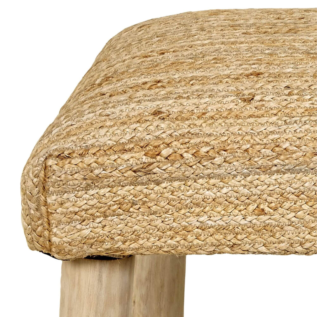 Close-up of the Jute Bench highlighting the natural woven jute texture and softly rounded edge