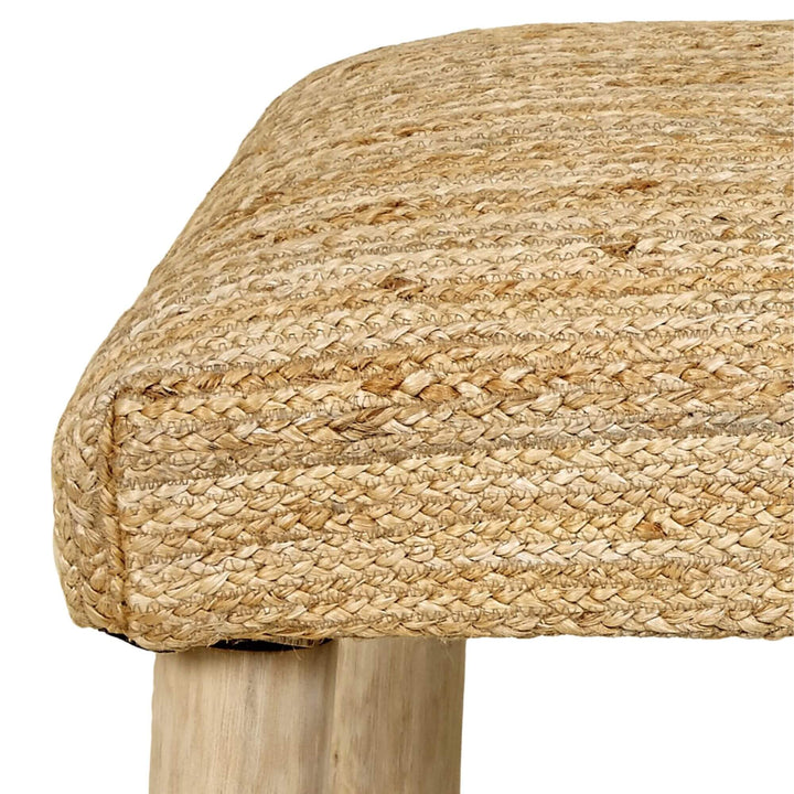 Close-up of the Jute Bench highlighting the natural woven jute texture and softly rounded edge