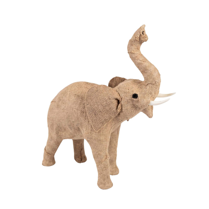 Front view of the jute elephant showing its handcrafted woven texture and raised trunk.