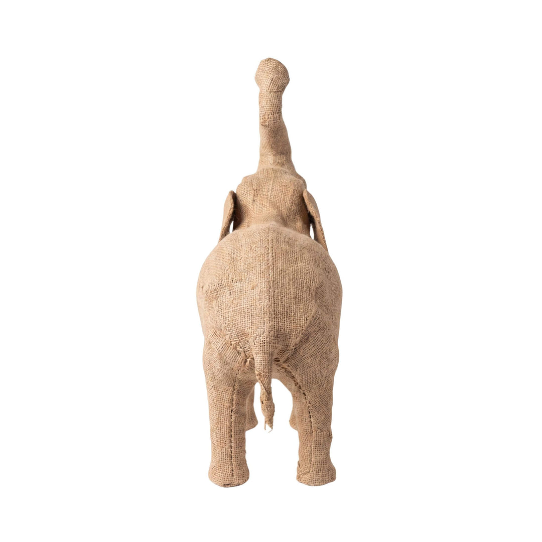 Rear view of the elephant showing its sculptural form and natural jute finish.