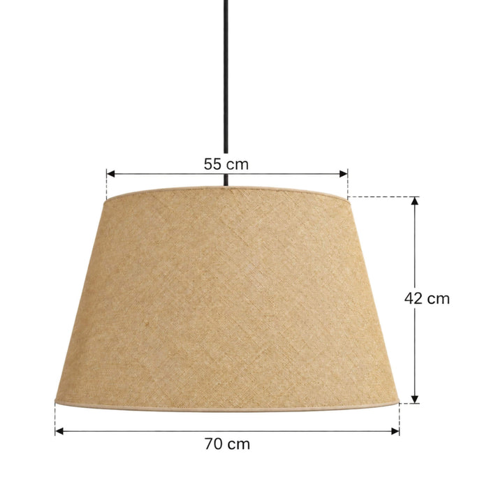 1. Jute lampshade with dimensions showing its wide tapered shape and natural fiber texture