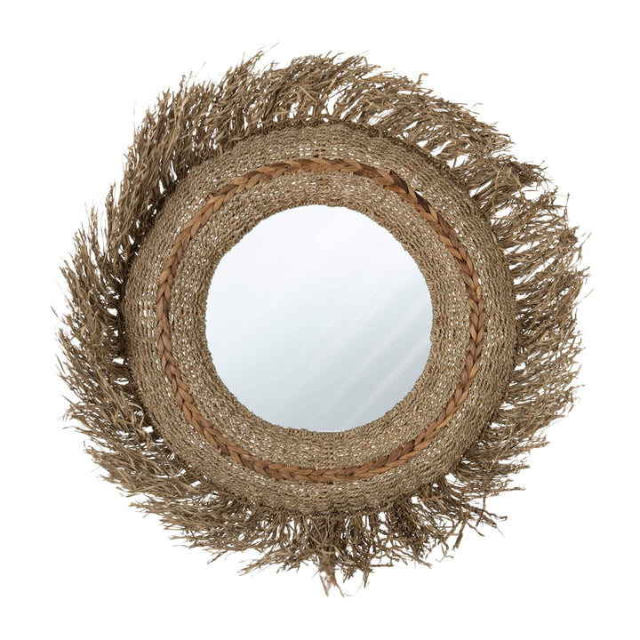 JUTE LION MIRROR with natural fiber frame on a white background