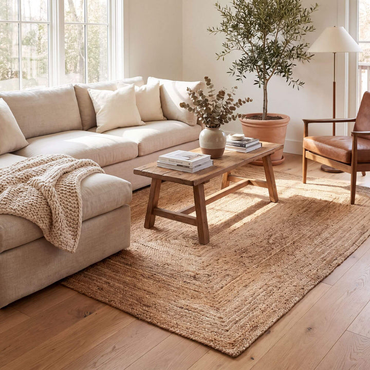 Jute rectangular rug styled beneath a coffee table in a warm neutral living room