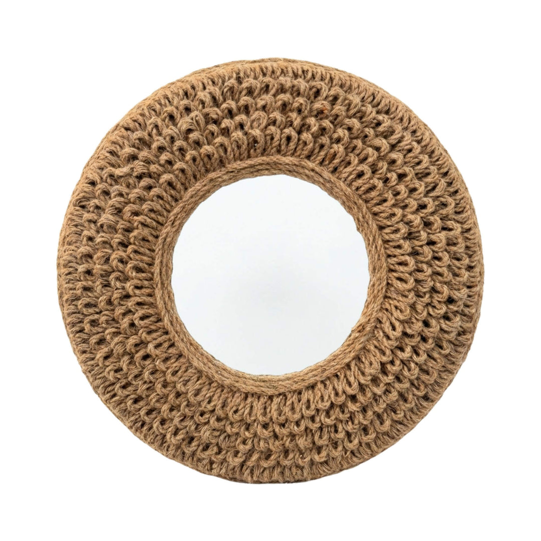 Front view of the jute round mirror showcasing its thick handwoven frame and circular shape.