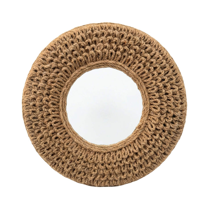 Front view of the jute round mirror showcasing its thick handwoven frame and circular shape.