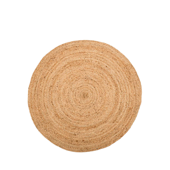 Large round jute rug shown from above on a white background