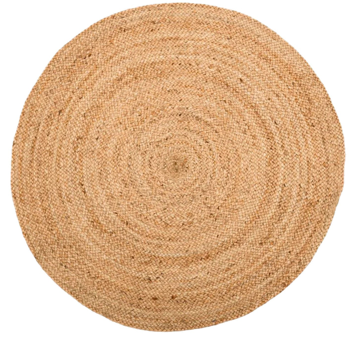 Large round jute rug shown from above on a white background