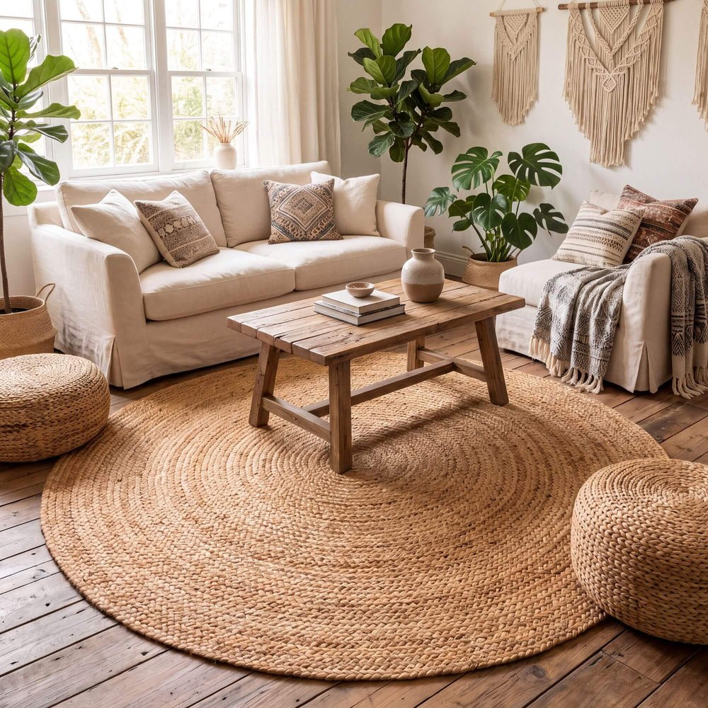 Round jute rug styled beneath a coffee table in a warm natural living room