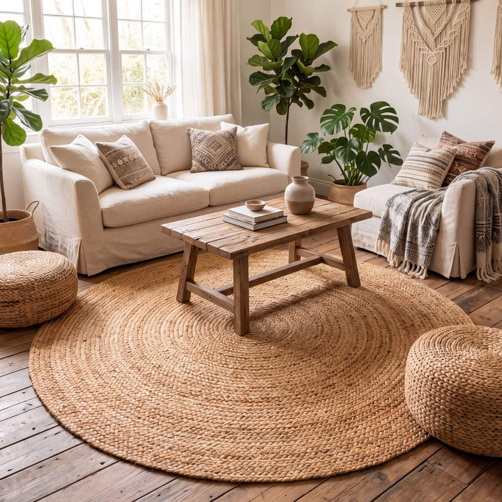 Round jute rug styled beneath a coffee table in a warm natural living room