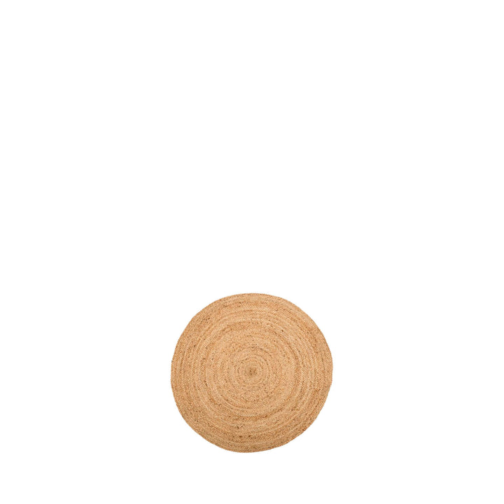 Small round natural jute rug with circular woven pattern on a white background