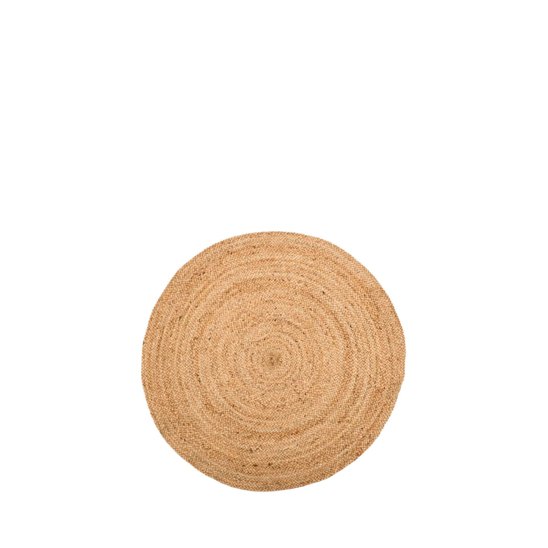 Round natural jute rug in a larger size shown on a white background