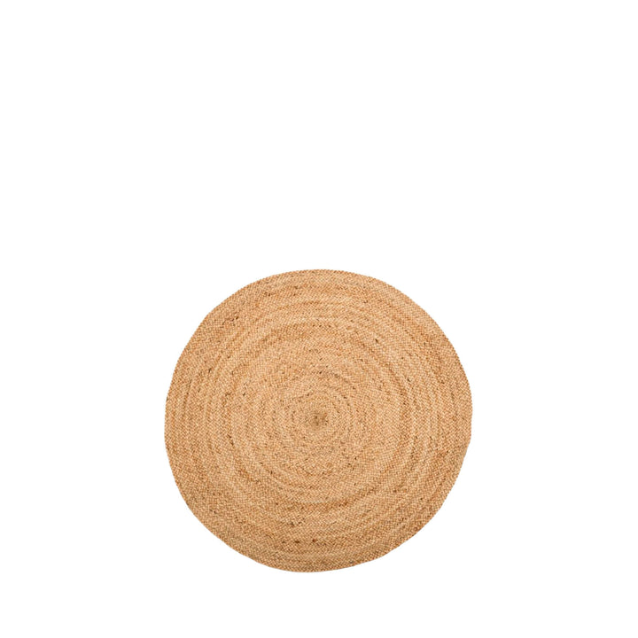 Round natural jute rug in a larger size shown on a white background