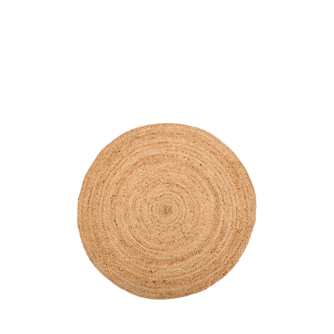 Small round jute rug with warm natural tones shown on a white background