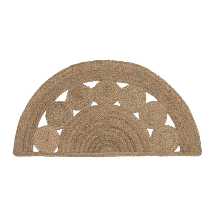 Jute Round Wall Deco Headboard handwoven from natural fibers with semi-circular braided design.