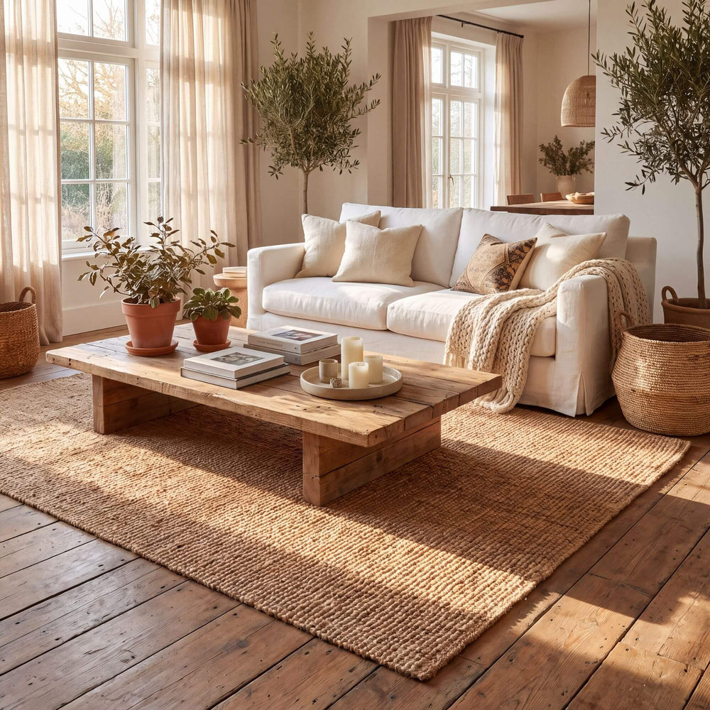 Natural jute rug styled beneath a coffee table in a warm neutral living room