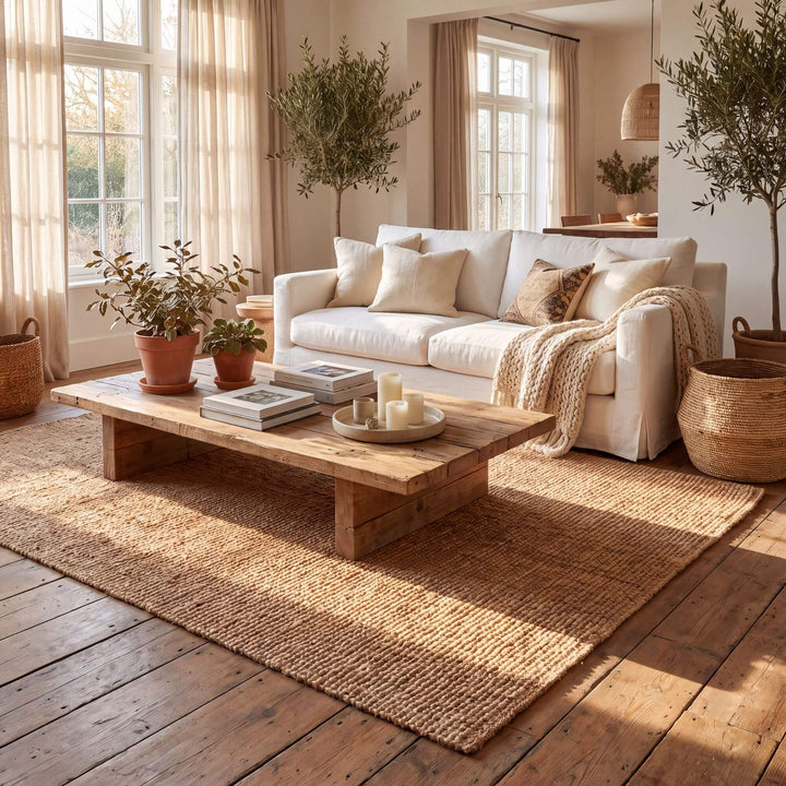Natural jute rug styled beneath a coffee table in a warm neutral living room