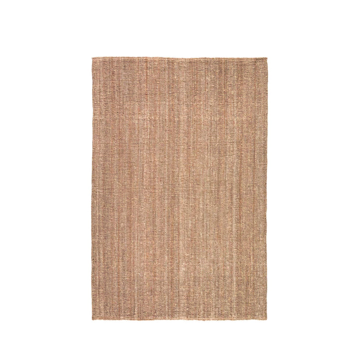 Front view of the medium natural jute rug showing its rectangular shape and warm woven texture
