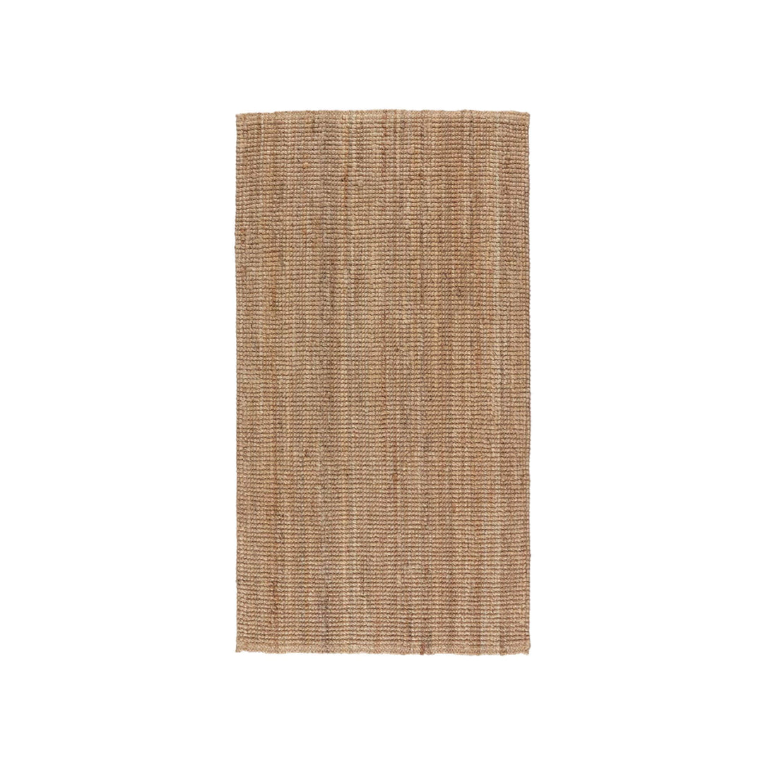 Front view of the small natural jute rug showing its rectangular shape and warm woven texture