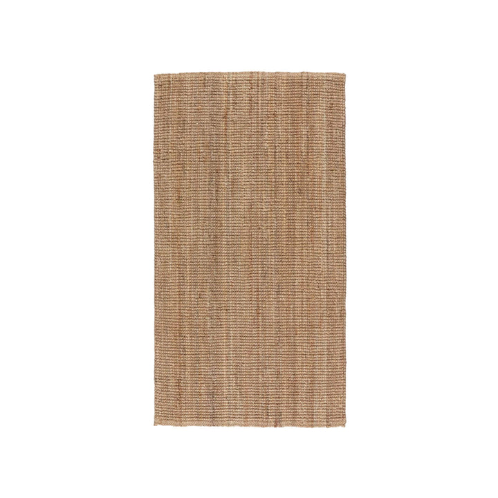 Front view of the small natural jute rug showing its rectangular shape and warm woven texture