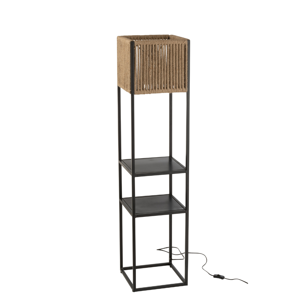 Jute Strings square floor lamp with natural jute shade and iron frame.