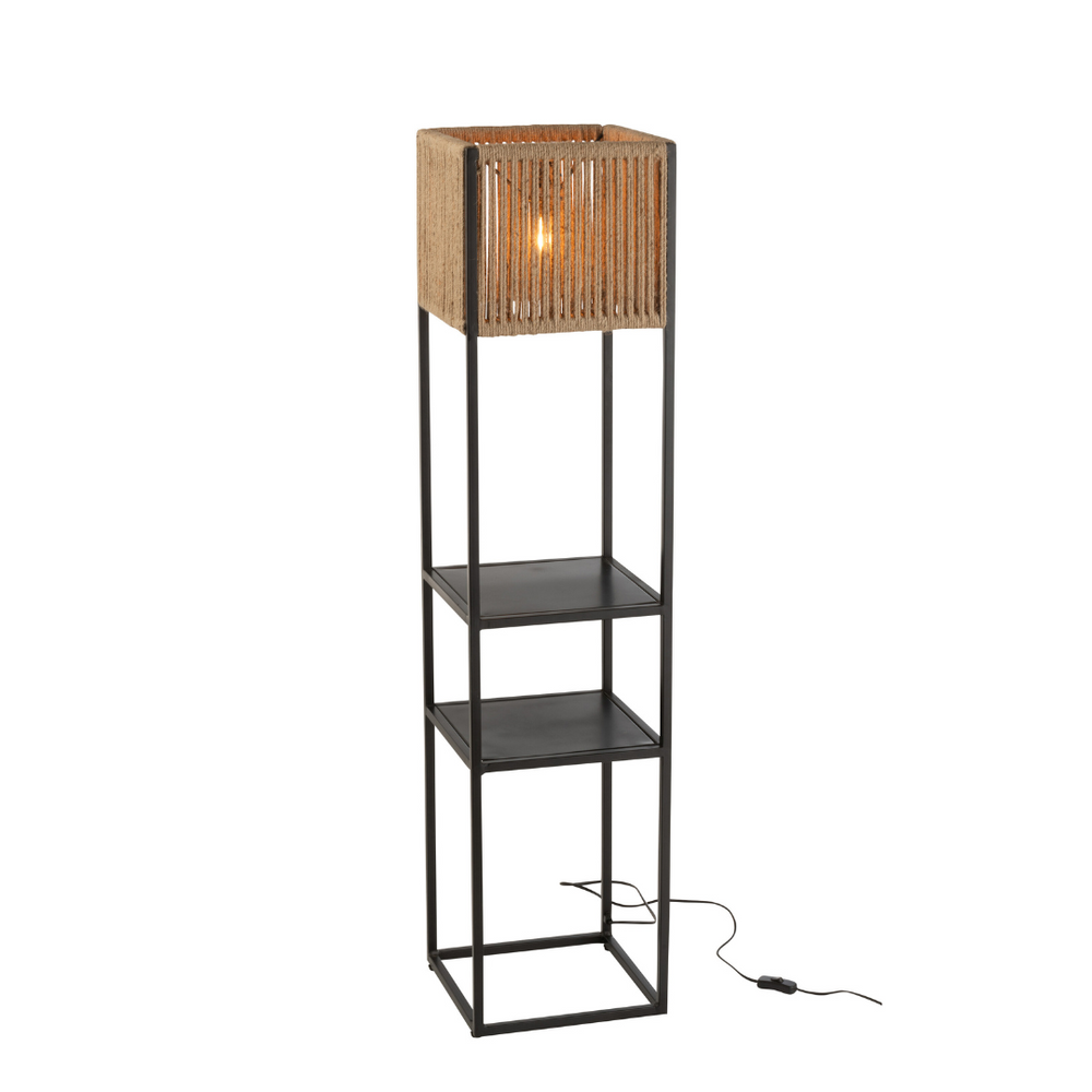 Floor lamp illuminated, showing warm glow through jute strings.