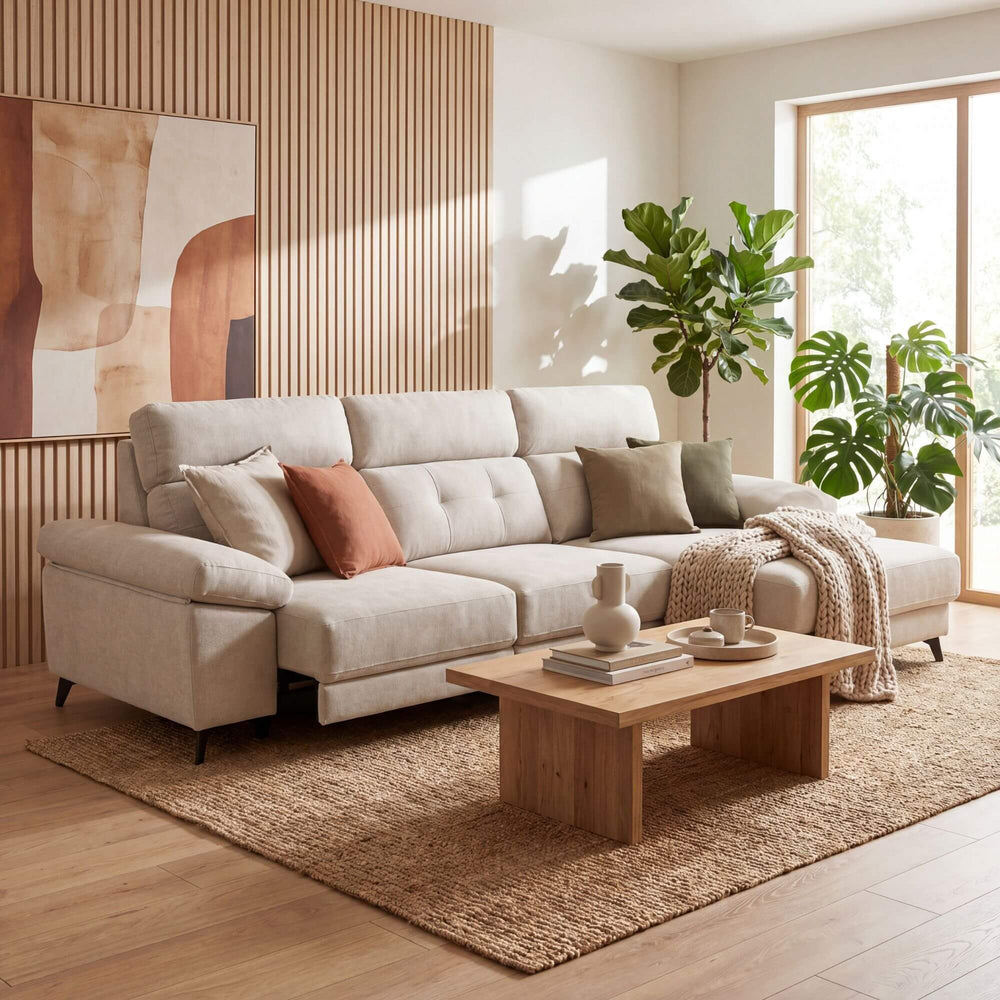 Styled living room setting featuring the Kairo sofa in a warm contemporary interior with natural tones.