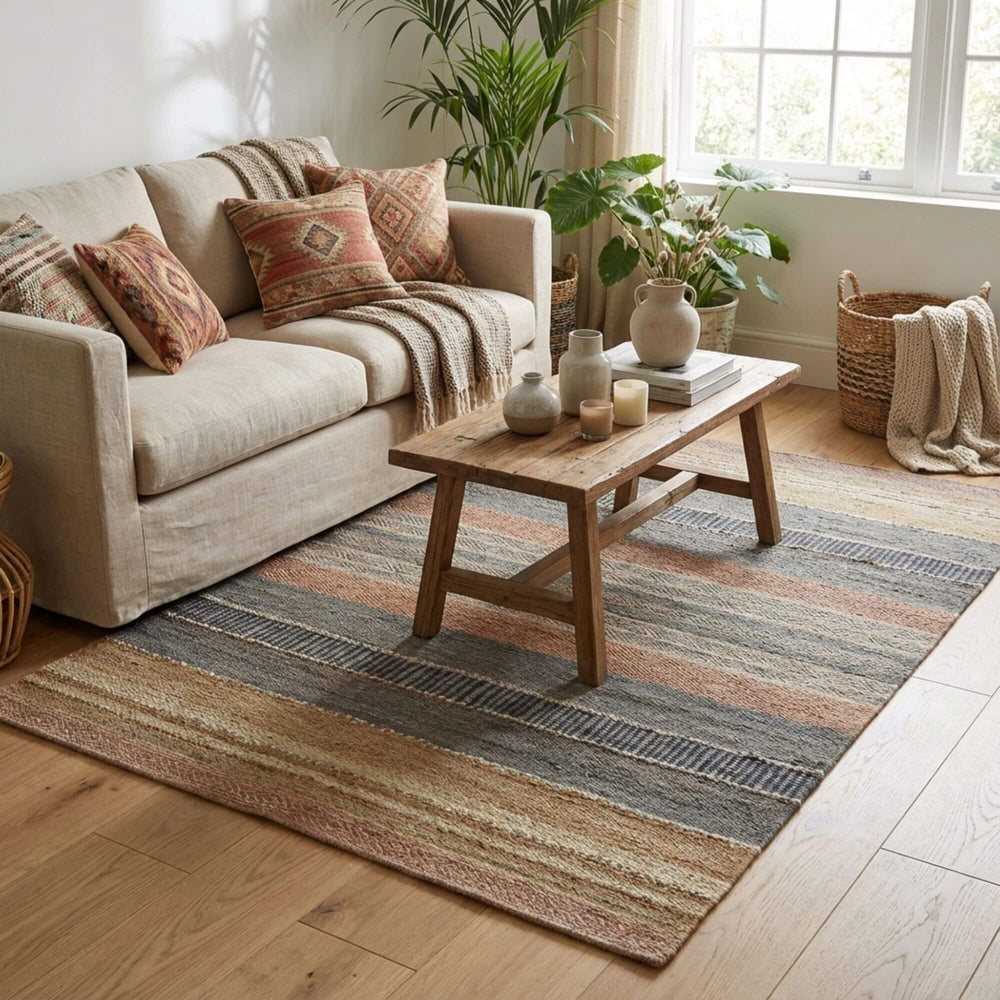 Styled interior scene featuring the Kakolem rug in a living room with wooden furniture.