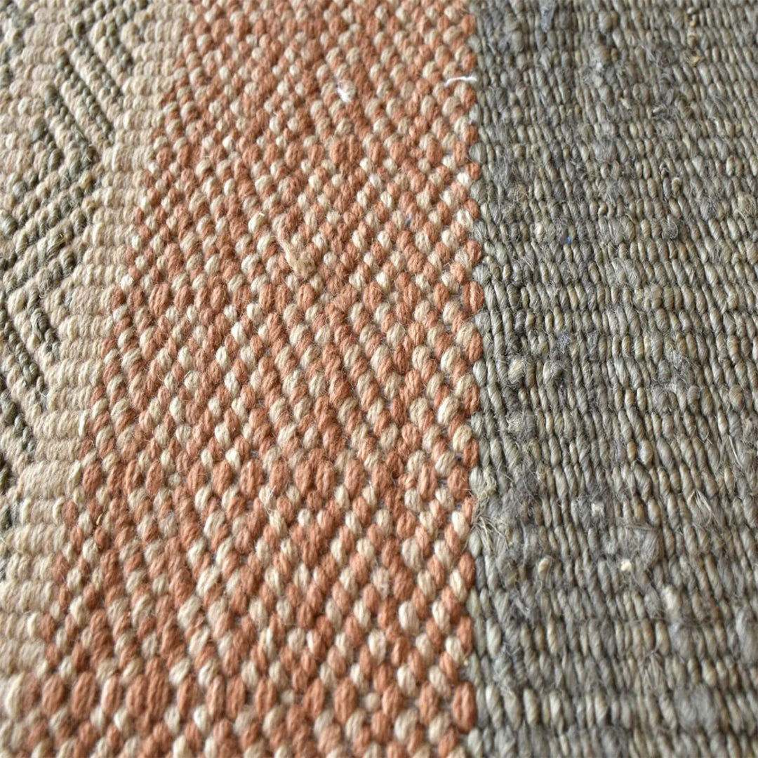 Close-up of the Kakolem rug texture showing the handwoven hemp, felt, and wool fibers.