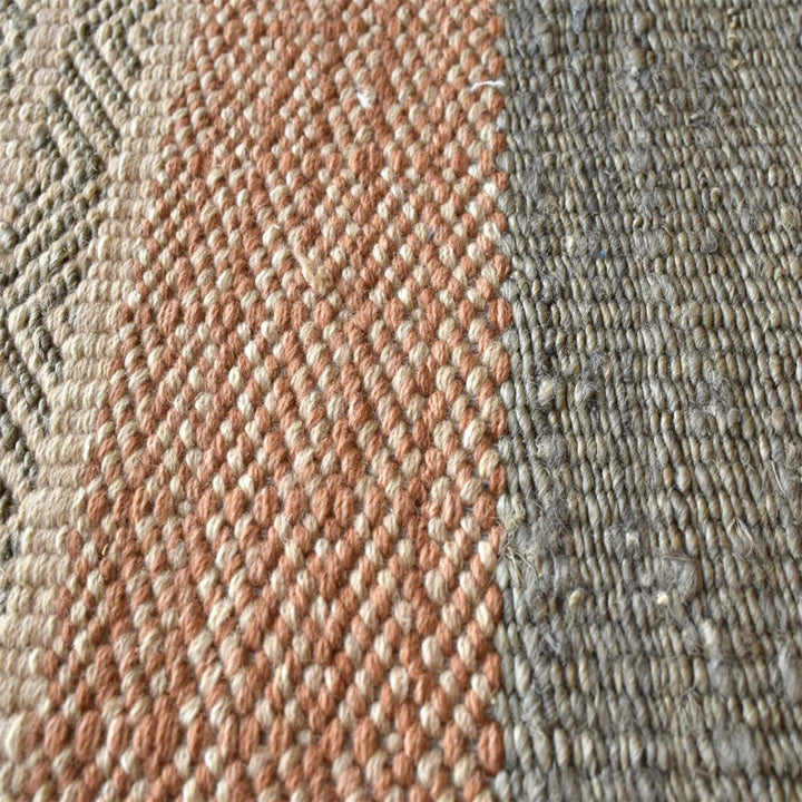 Close-up of the Kakolem rug texture showing the handwoven hemp, felt, and wool fibers.