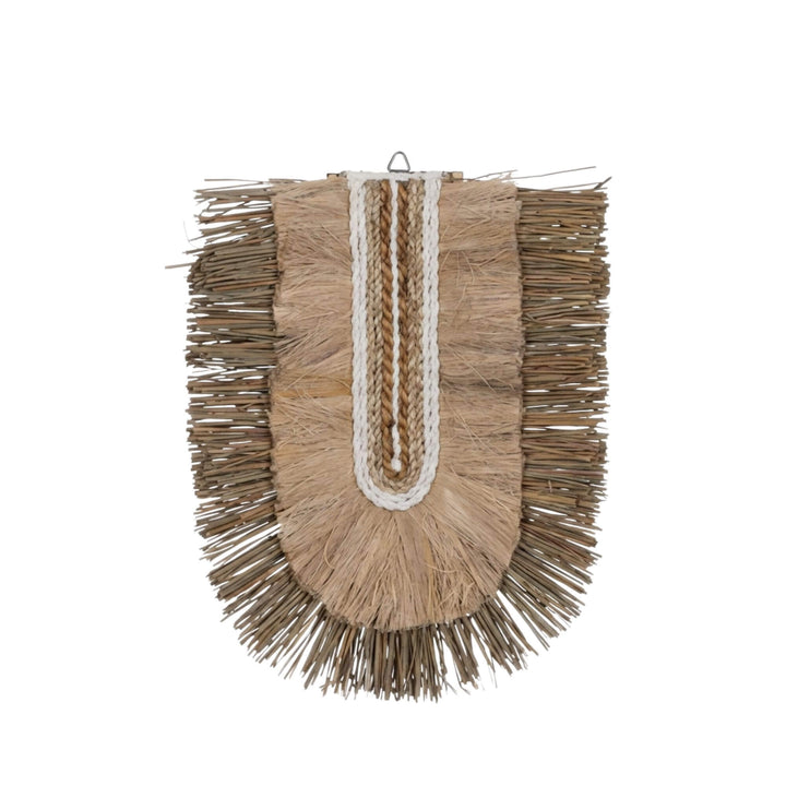 Arched rattan and natural fiber wall decoration with white woven detail from the Kalalao Collection.