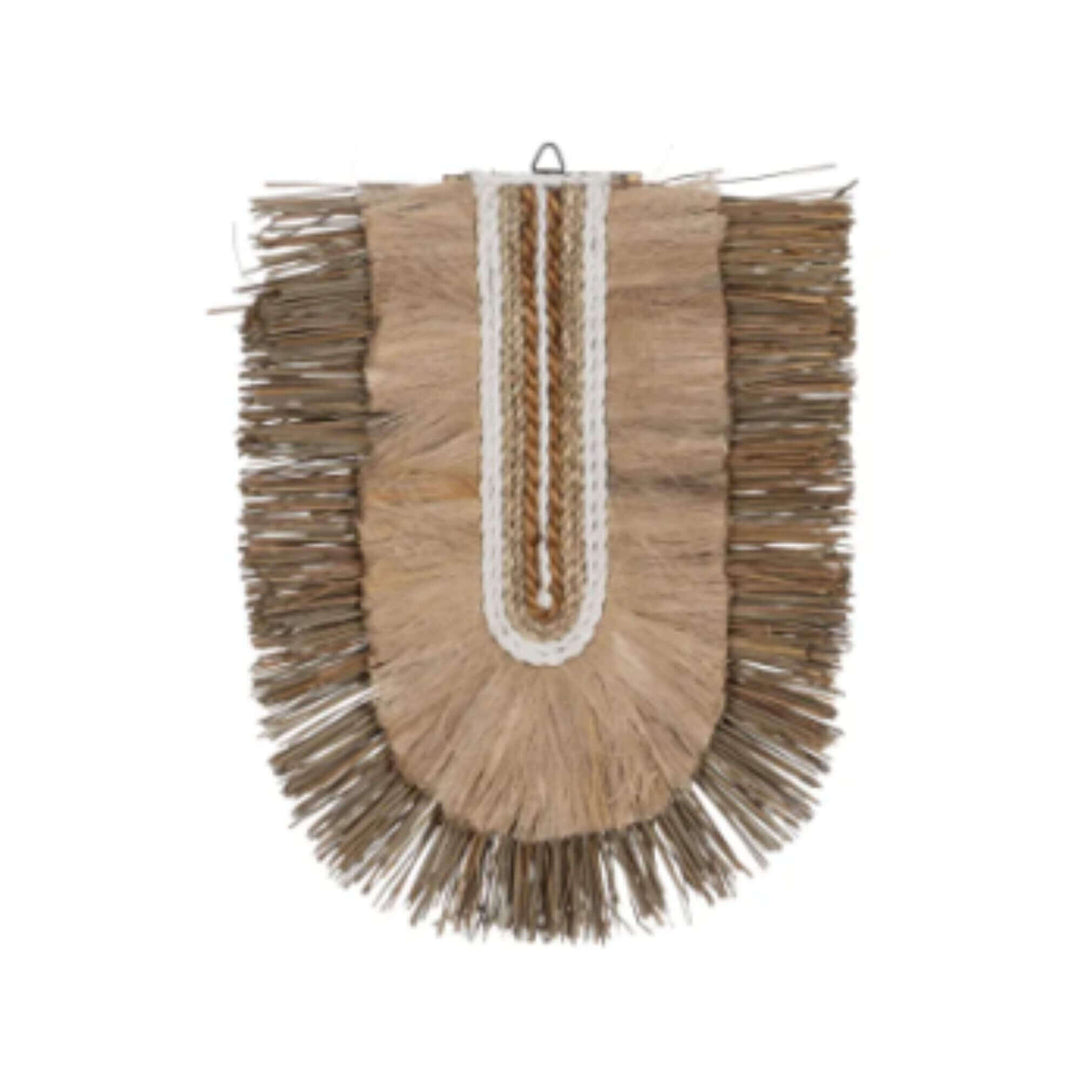 Arched rattan and natural fiber wall decoration with white woven detail from the Kalalao Collection.