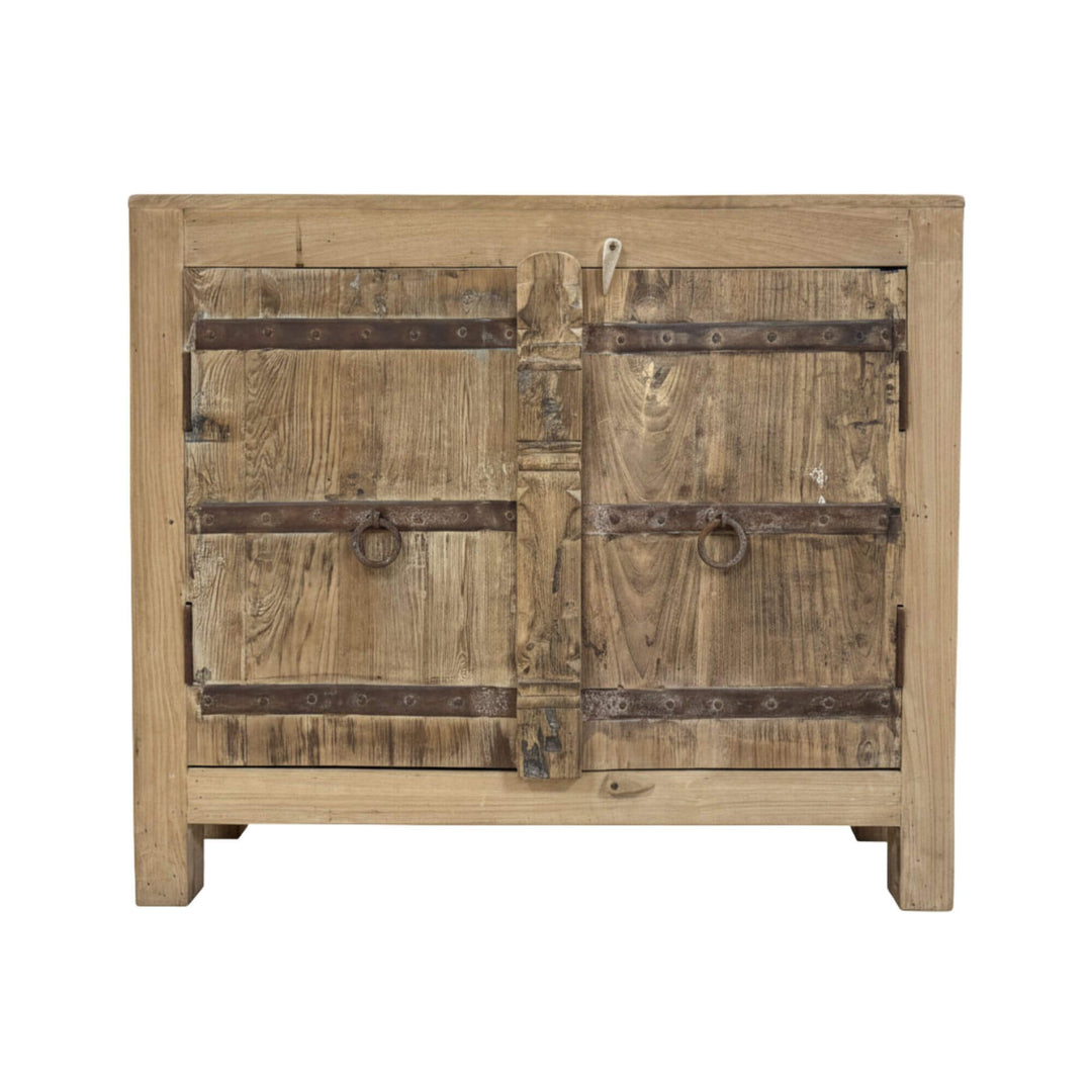 Front view of the Kalap Buffet showing reclaimed wood and vintage metal detailing.