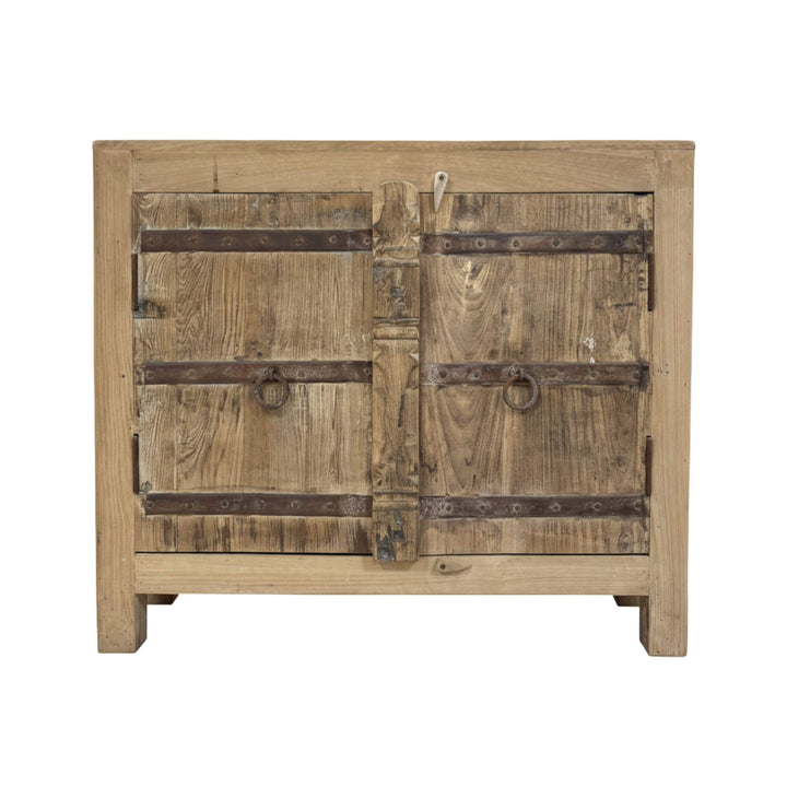 Front view of the Kalap Buffet showing reclaimed wood and vintage metal detailing.