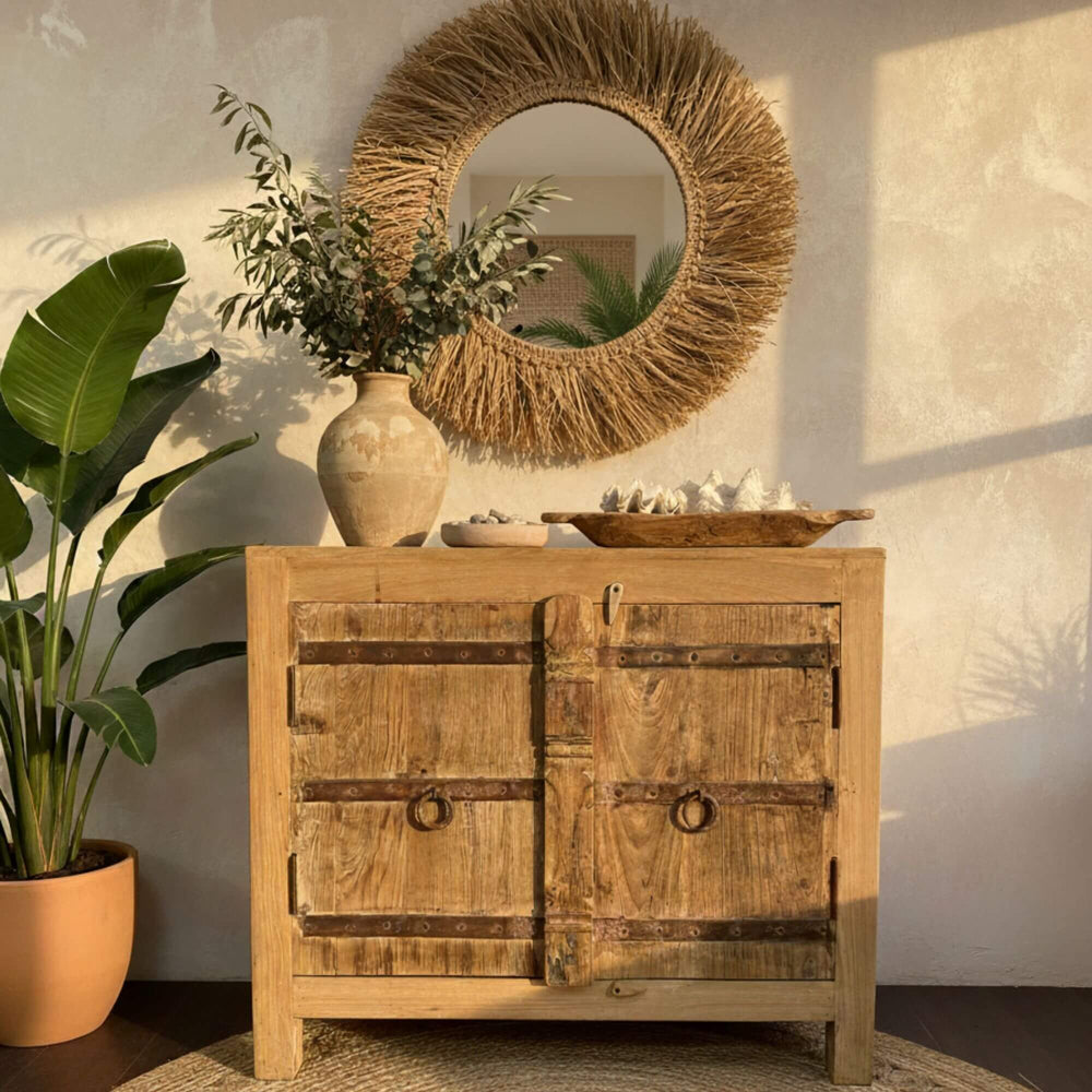 Styled living room scene featuring the Kalap reclaimed wood buffet.