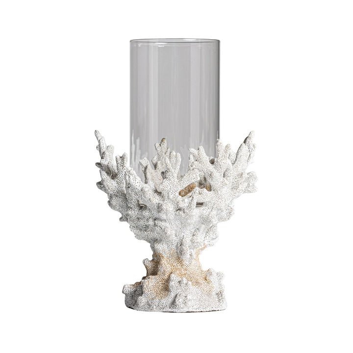 Front view of the Kale Candle Holder with sculptural coral-style resin base and clear glass cylinder.