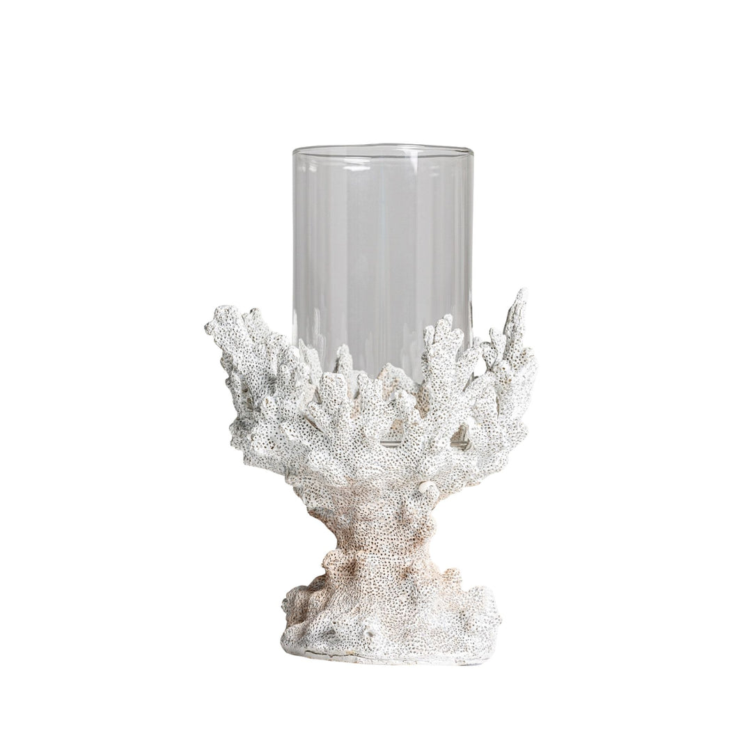 Front view of the Kale Candle Holder with sculptural coral-style resin base and clear glass cylinder.