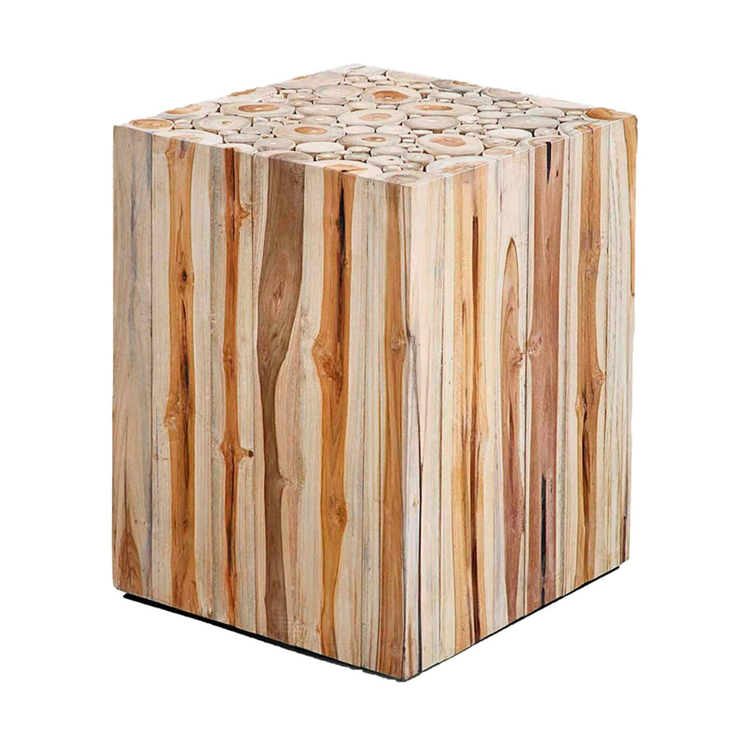 Front view of Kalimnos solid teak wood side table with end-grain top