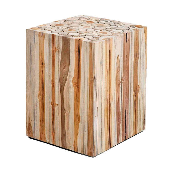 Front view of Kalimnos solid teak wood side table with end-grain top