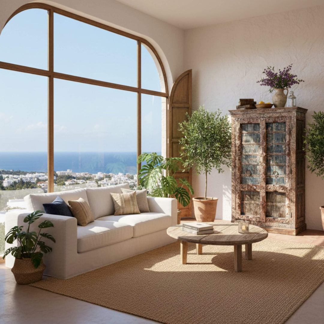 Living room scene featuring the Kali wardrobe as a decorative statement piece.