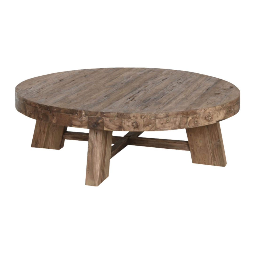 Angled view showing the thick recycled teak tabletop and wooden legs.