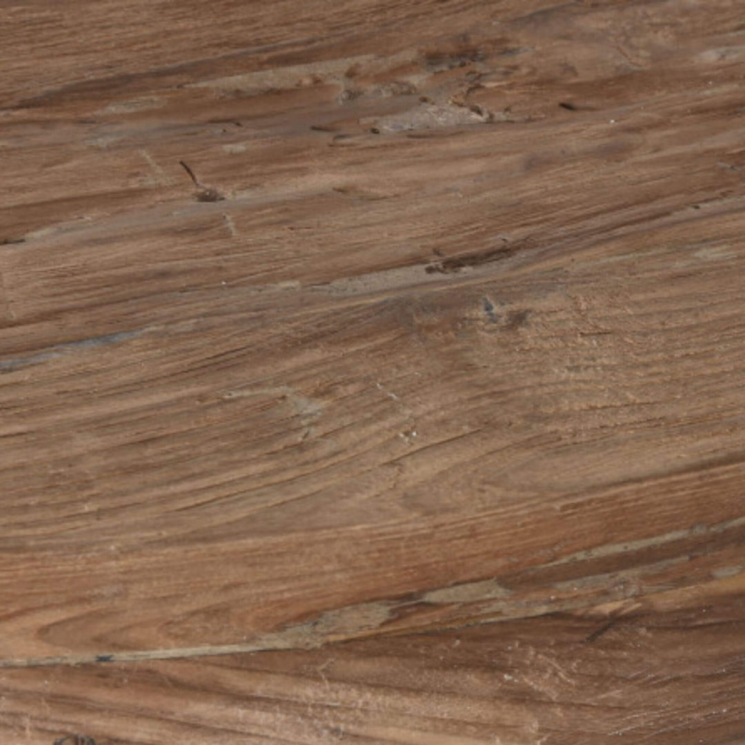 Close-up of the recycled teak surface with visible rich wood patterns.