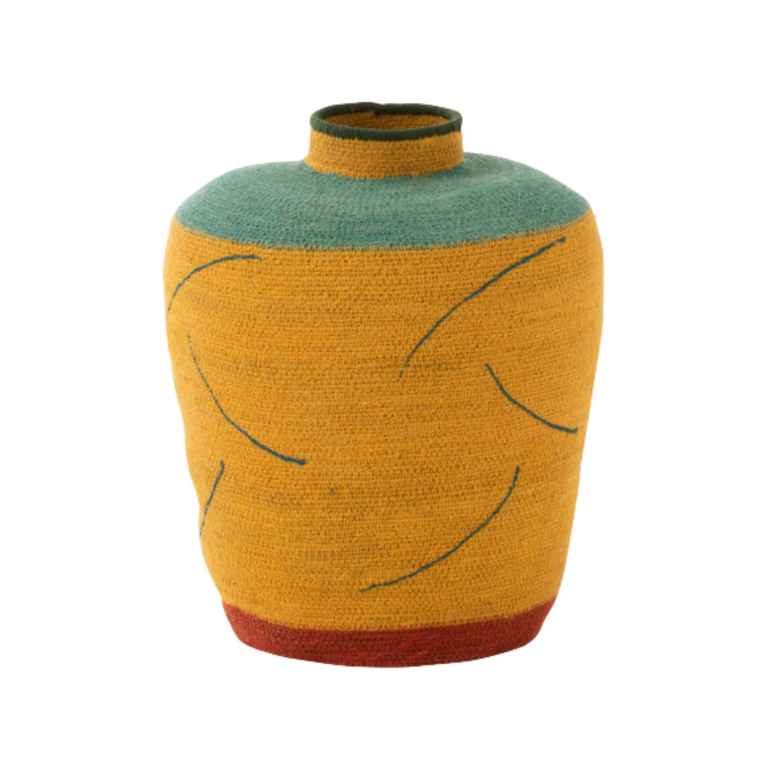 Kan Yellow Basket with teal top and red base made from natural fibers.