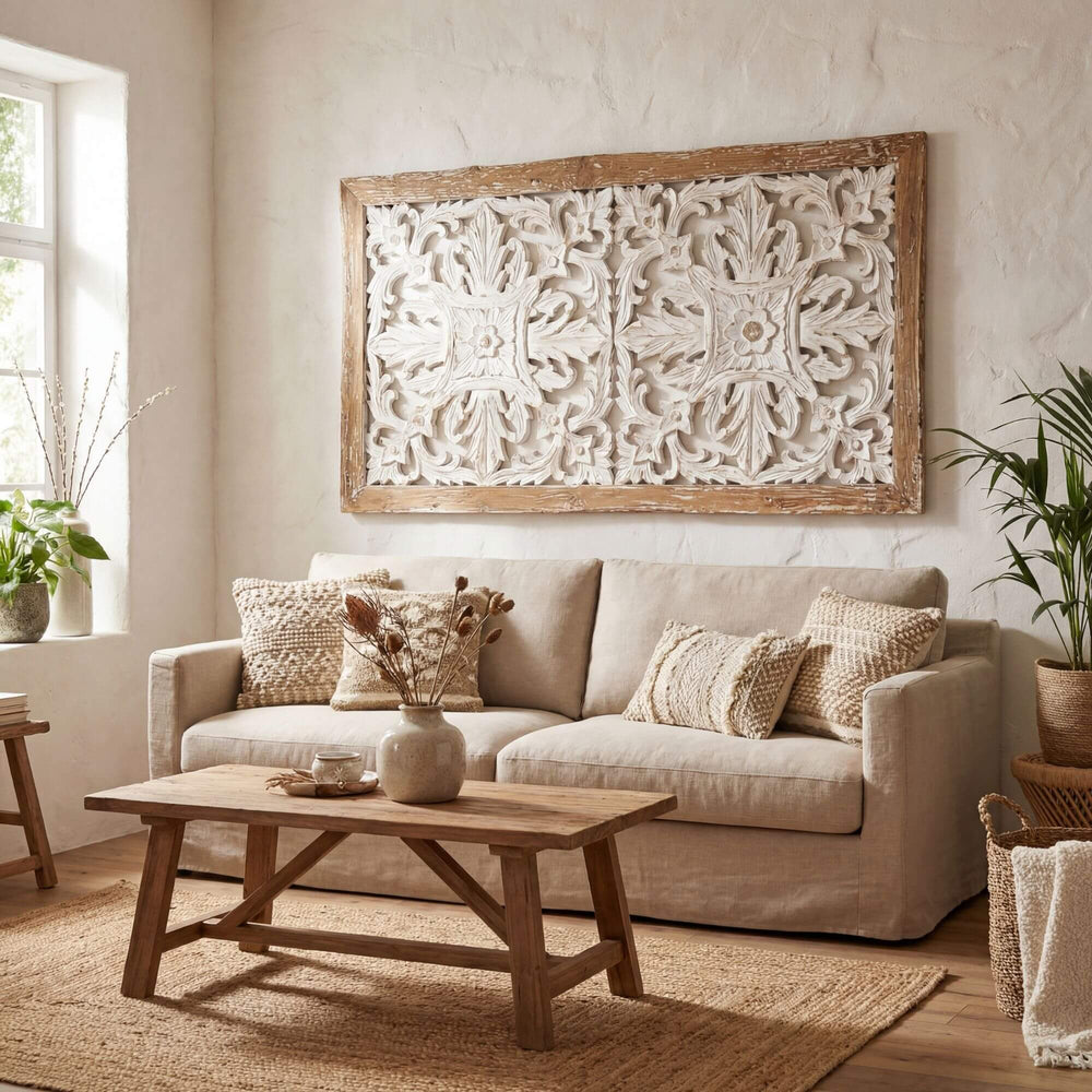Interior setting showing the Kapalai wall panel mounted above a sofa in a warm living space.
