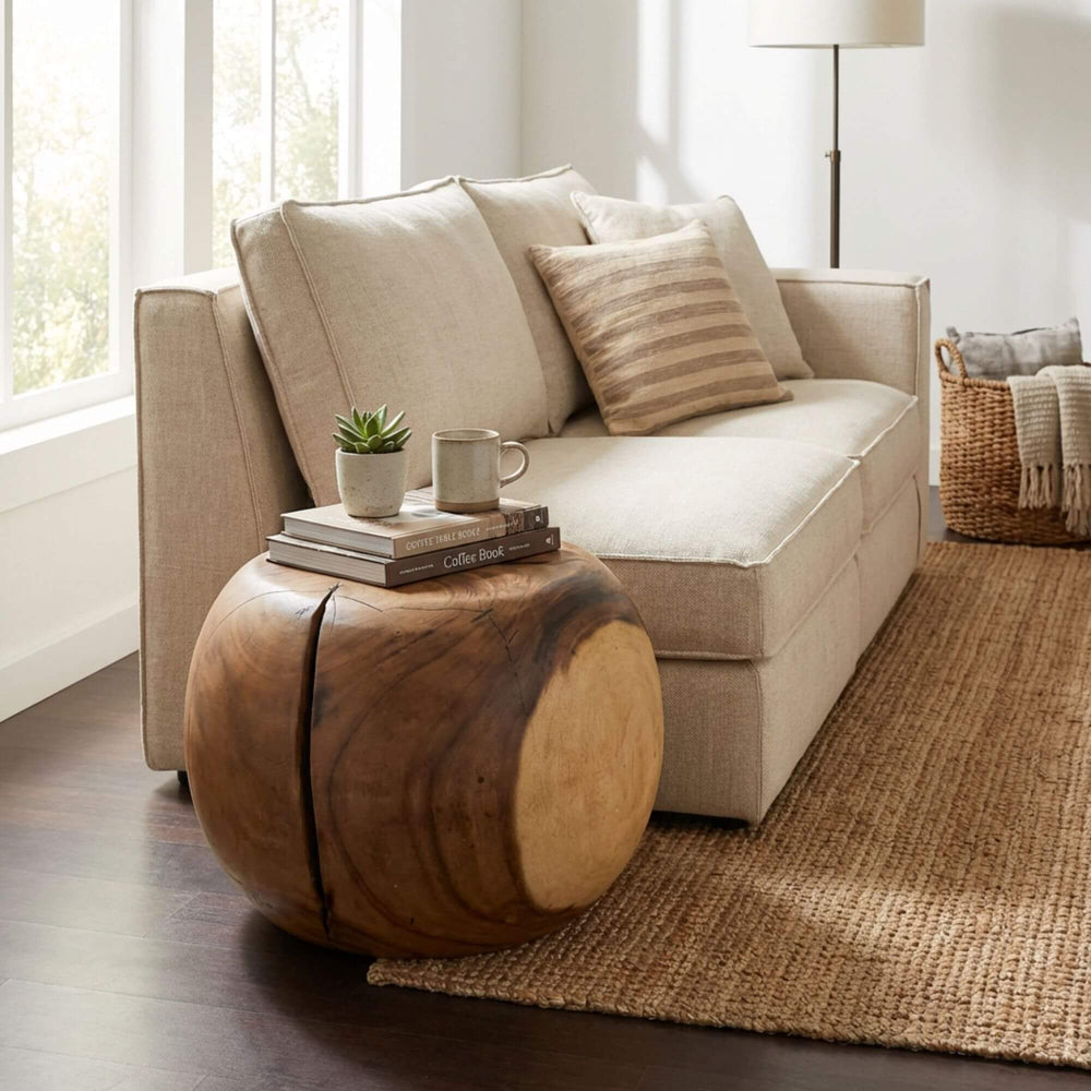 Styled interior setting featuring the Karas stool used as a side table beside a sofa in a warm natural living space.