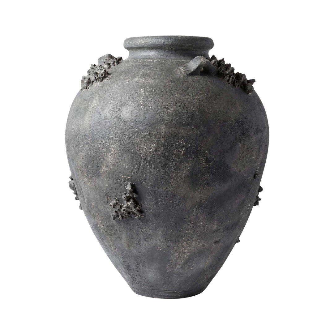 Front view of the Karekare black terracotta vase showcasing its sculptural textured surface.