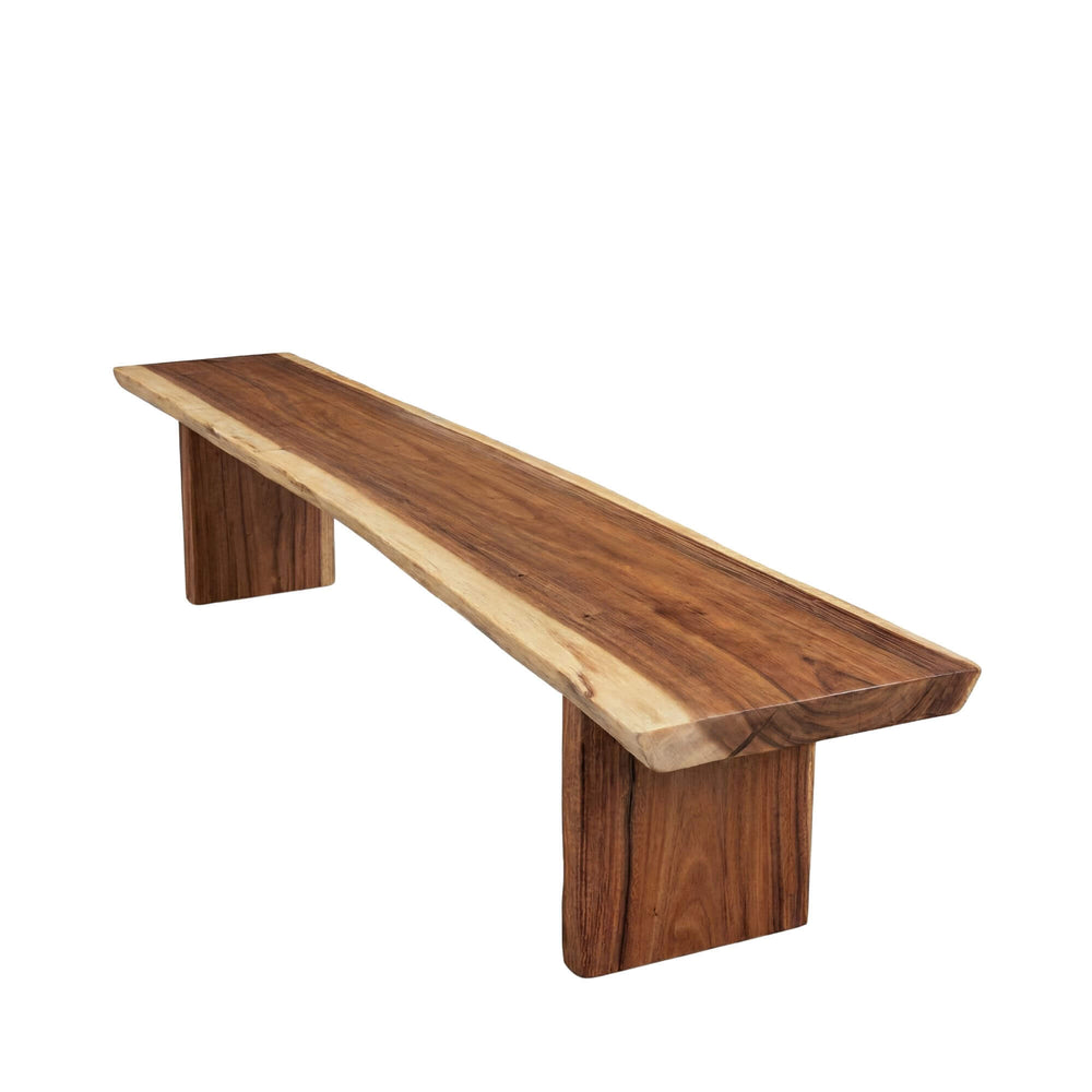 Side view of the solid suar wood bench showing thick slab top.